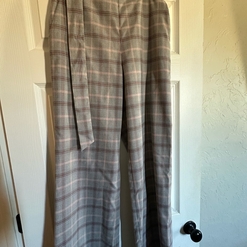 ANTONIO MELANI Gray and Peach Plaid Wide Leg Pants